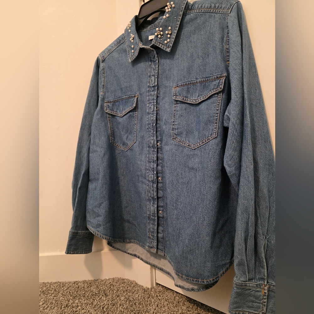 Stud-Trim Denim Western Shirt - Light Blue